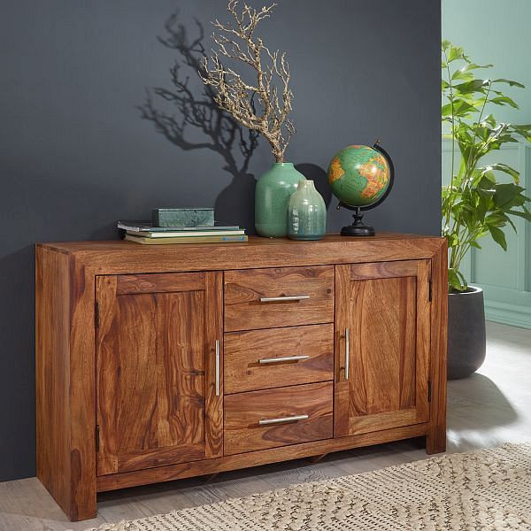 Wohnling Sideboard MUMBAI Massivholz Sheesham 118 cm, 3 Schubladen 2 Türen Design Highboard Landhaus-Stil braun natur, WL1.201