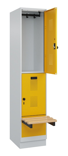C+P Doppelstock-Spind Evolo PLUS, Bank, 2 Fächer, 1950x400x815mm, 7035/1004, Drehriegel, Sitzfläche Buche-Hartholz, mit Sockel, 049340-12 S10000