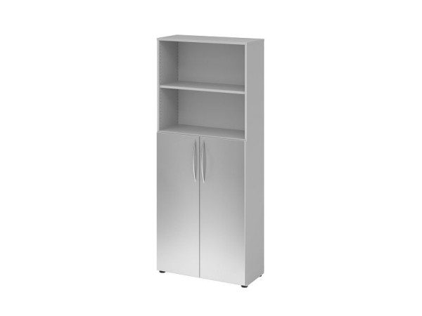 Hammerbacher Regal 5OH, 3OH Türen unten BM 4770, Korpus: Grau / Front: Silber 80 x 34,6 x 188 cm (BxTxH), Bogengriff BM, V4770/5/S/BM