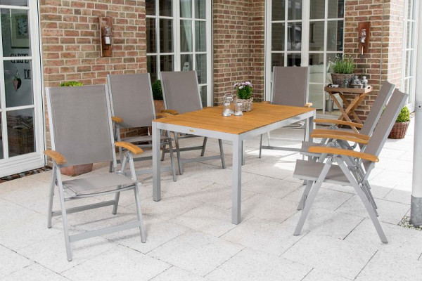 Merxx Naxos Set 7-teilig, 6 Naxos Klappsessel, 1 Tisch, 150 x 90 cm, Aluminium mit Textilbespannung und FSC Akazienholz, 50218-309