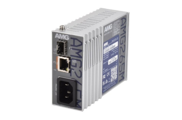 AMG Systems Mini PoE Medienkonverter, 1 x 10/100BT RJ45 30W, 1 x 100/1GBFX SFP Slot, DIN Rail / Wandmontage, IEC Mains Power, AMG265M-1FAT-1S-P30