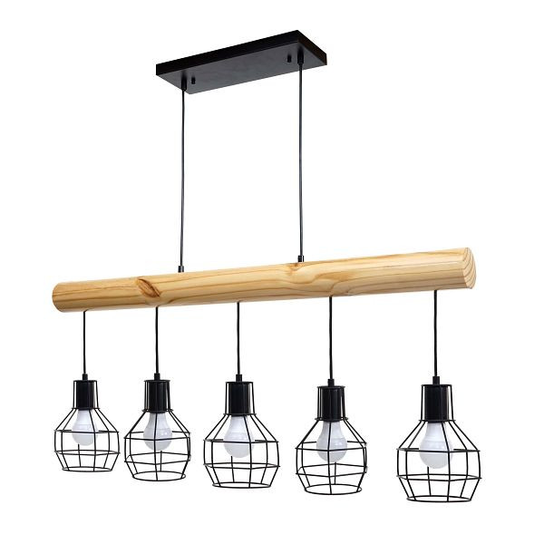 Mendler Pendelleuchte HWC-H83, Hängelampe Hängeleuchte, Industrial Vintage Massiv-Holz Metall schwarz, 5 Gitterlampenschirme, 74212