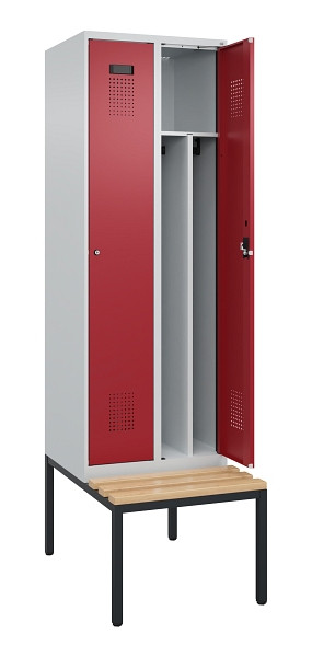 C+P Spind Evolo PLUS, 2 Abteile, 2120x600x815mm, 7035/3003, Zylinderschloss, Sitzfläche Buche-Hartholz, Sitzbank, 0490507-20F S10031