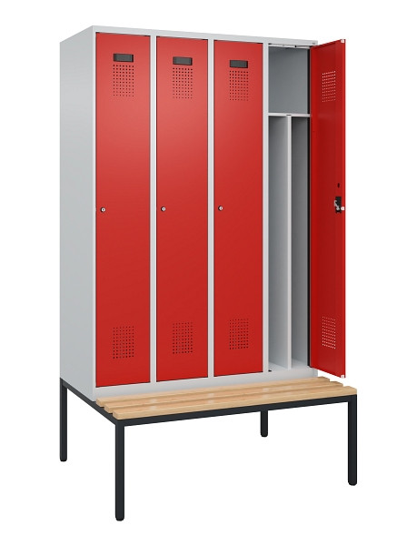 C+P Spind Evolo PLUS, 4 Abteile, 2120x1200x815mm, 7035/3020, Haken 4, Zylinderschloss, Sitzfläche Buche-Hartholz, Sitzbank, 0490507-40F S10032