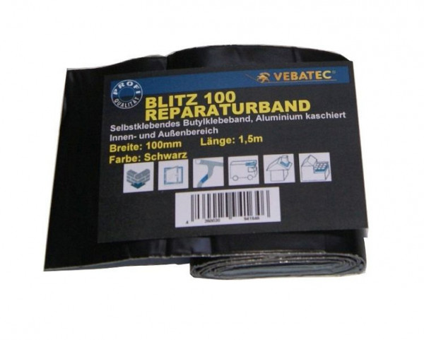 Vebatec Blitz Butyl Reparaturband Aluminium, Farbe: schwarz, 100mm x 1,5m, 124
