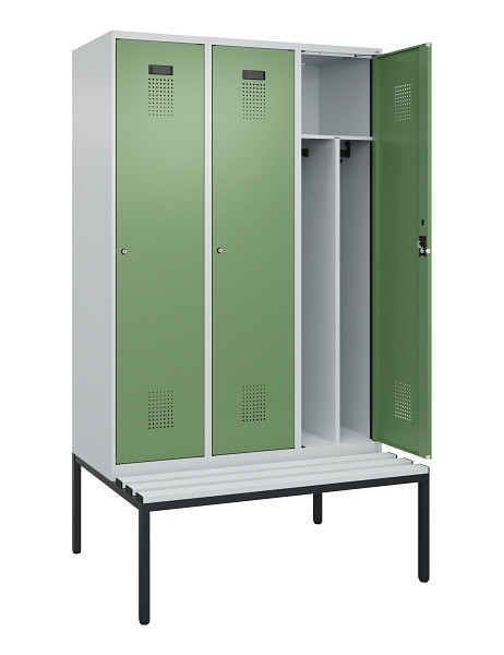 C+P Spind Evolo PLUS, 3 Abteile, 2120x1200x815mm, 7035/6011, Haken 4, Zylinderschloss, Sitzfläche Kunststoff, Sitzbank, Trennwand, 0490507-32F S10091