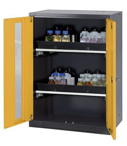 asecos Chemikalienschrank Systema-T CS-82G, Korpus anthrazit, Flügeltüren gelb, 2 Tablarauszüge, 208687