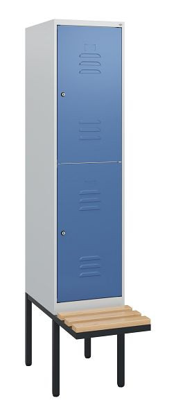 C+P Doppelstöckiger Spind Classic PLUS, 1950x400x815mm, 7035/5023, Zylinderschlösser, Sitzleisten aus Buche, schwebende Sitzfläche, 0803405-12 S10035