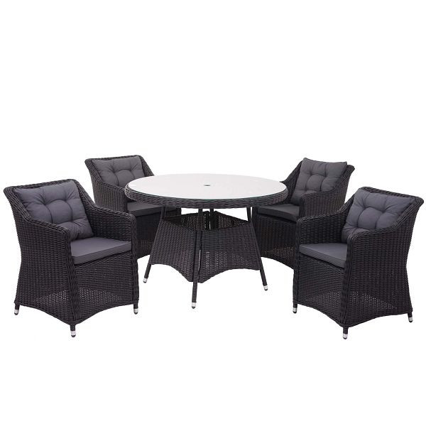 Mendler Poly-Rattan Garnitur HWC-F51, Garten-/Lounge-Set Sitzgruppe Tisch+4xStuhl, rundes Rattan anthrazit Kissen dunkelgrau, 69756+2x69757+70984