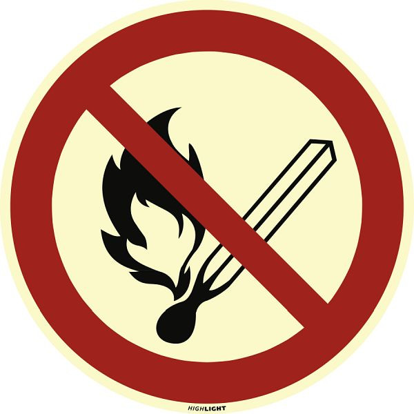 Moedel Feuer, offenes Licht und Rauchen verboten ISO 7010, Aluminium, nachleuchtend, 160-mcd, Ø 200 mm, 58579