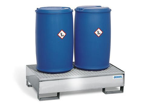 DENIOS Auffangwanne 2P2-I aus Edelstahl, mit Gabeltaschen und verzinktem Gitterrost, für 2 Fässer à 200 l, 130056