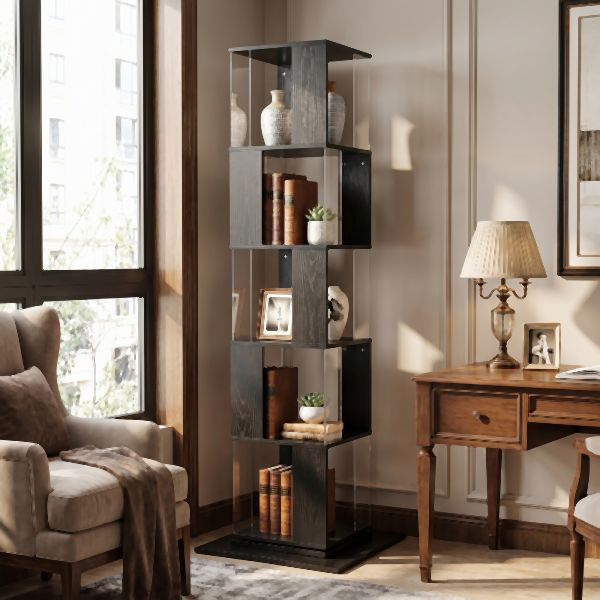 HOME NATURE WOHNKONZEPT Bücherregal/Eckregal mit 5 Ebenen, 159x50x50cm, Schwarz, YQ0305